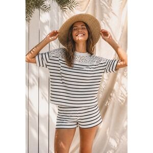 ana A New Approach Striped Lace Yoke Batwing Sleeve Top White Navy Large
